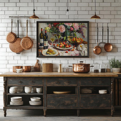 A vibrant still life painting depicting a bountiful harvest scene. Lush peonies, ripe peaches, and … for kitchen