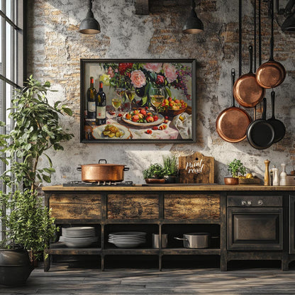 A vibrant still life painting depicting a bountiful harvest scene. Lush peonies, ripe peaches, and … for kitchen