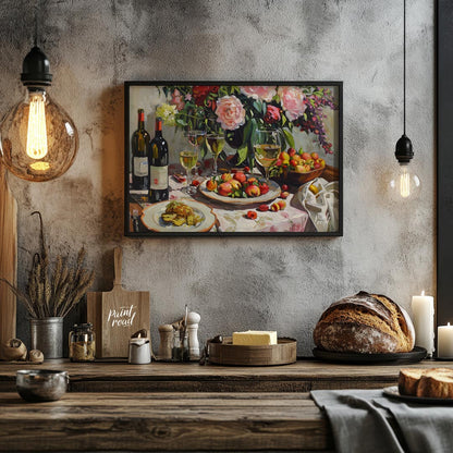A vibrant still life painting depicting a bountiful harvest scene. Lush peonies, ripe peaches, and … for kitchen