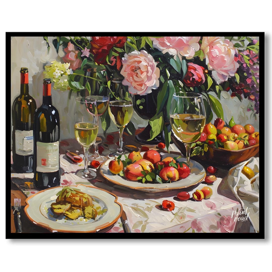 A vibrant still life painting depicting a bountiful harvest scene. Lush peonies, ripe peaches, and … for sweet home