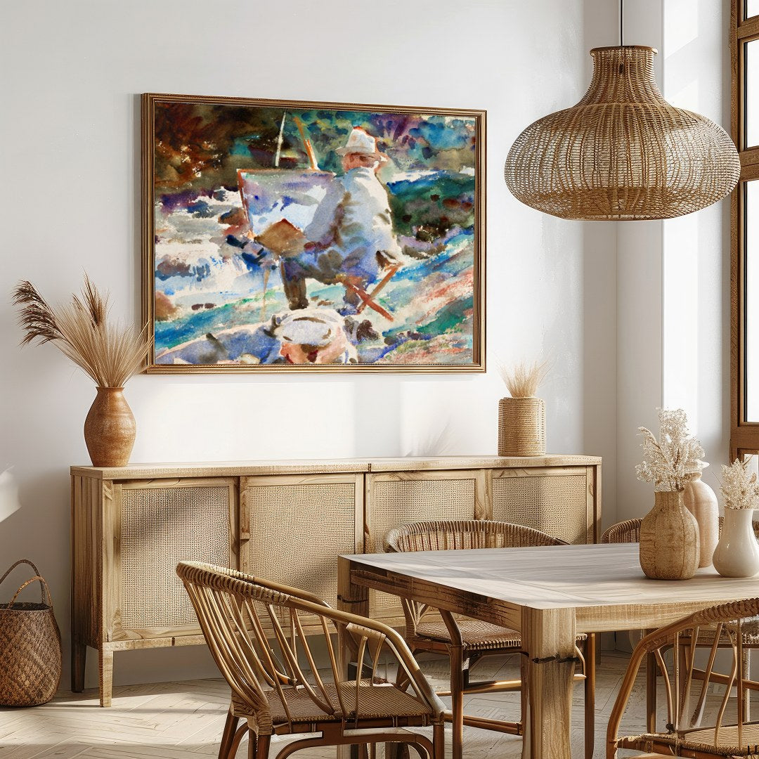 Immerse yourself in the serene beauty of this watercolor masterpiece, depicting an artist painting for Dining