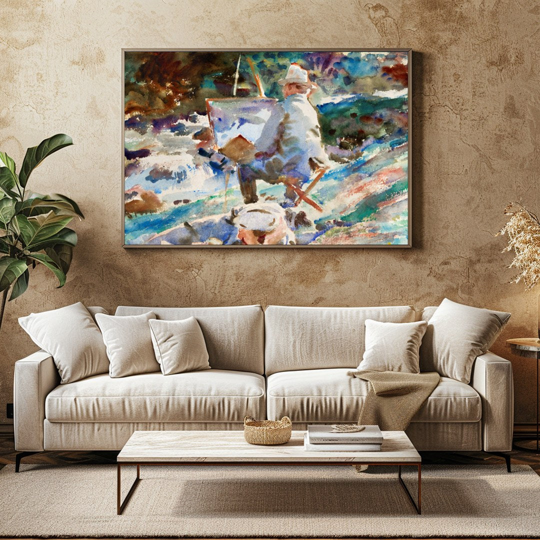 Immerse yourself in the serene beauty of this watercolor masterpiece, depicting an artist painting for Family Room