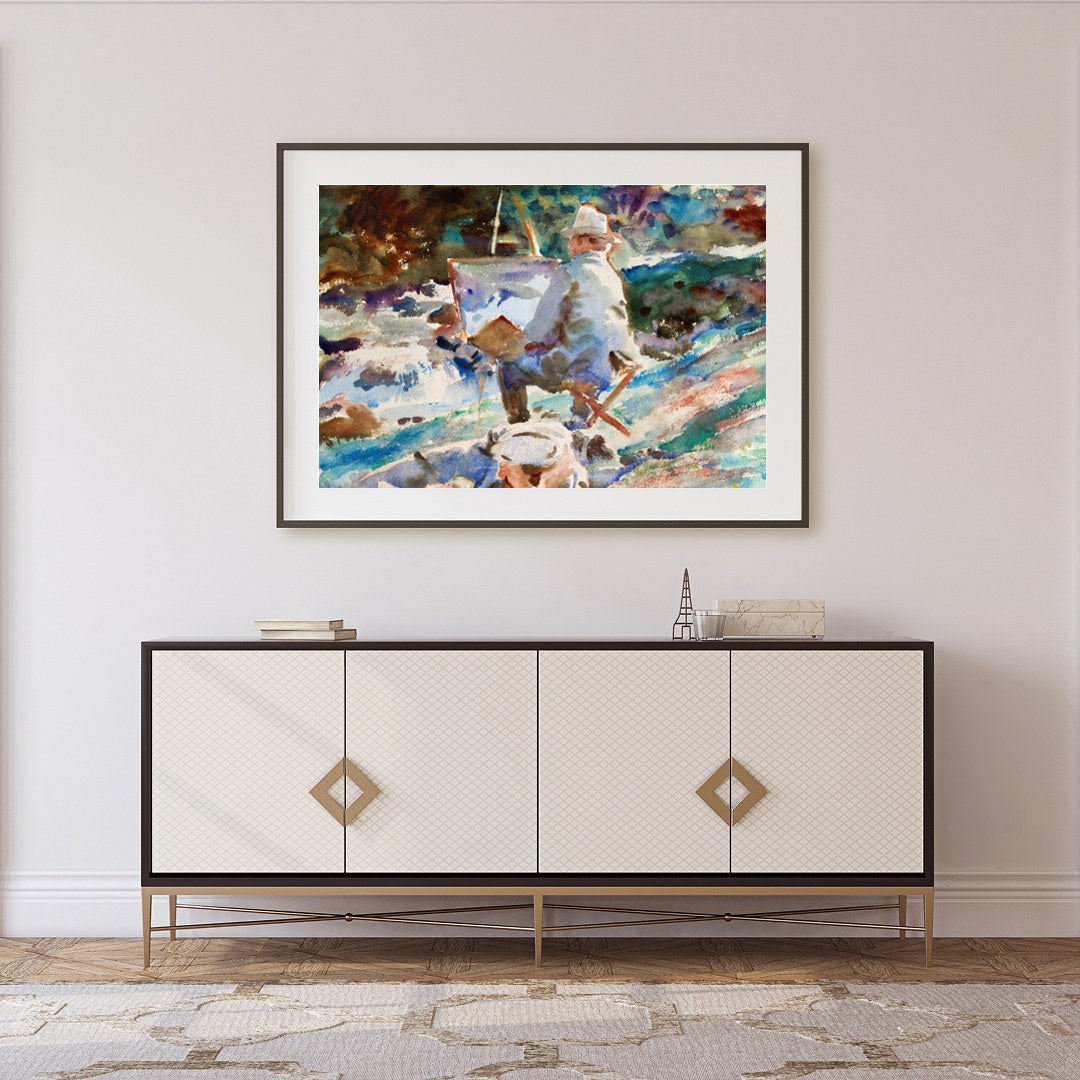 Immerse yourself in the serene beauty of this watercolor masterpiece, depicting an artist painting for Foyer