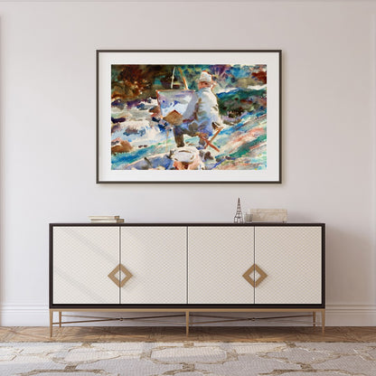 Immerse yourself in the serene beauty of this watercolor masterpiece, depicting an artist painting for Foyer