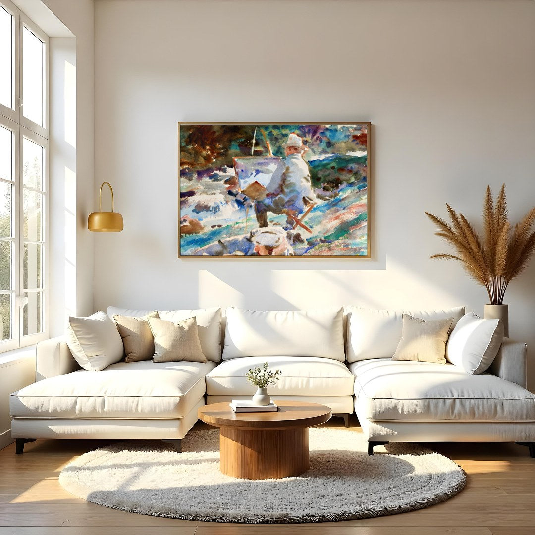Immerse yourself in the serene beauty of this watercolor masterpiece, depicting an artist painting for Living Room