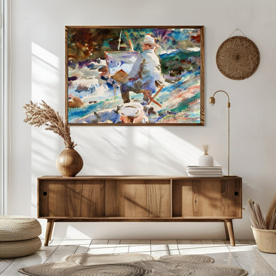 Immerse yourself in the serene beauty of this watercolor masterpiece, depicting an artist painting for Sitting Area