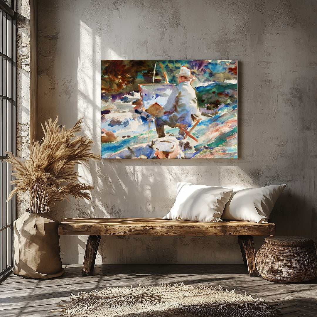 Immerse yourself in the serene beauty of this watercolor masterpiece, depicting an artist painting for Veranda