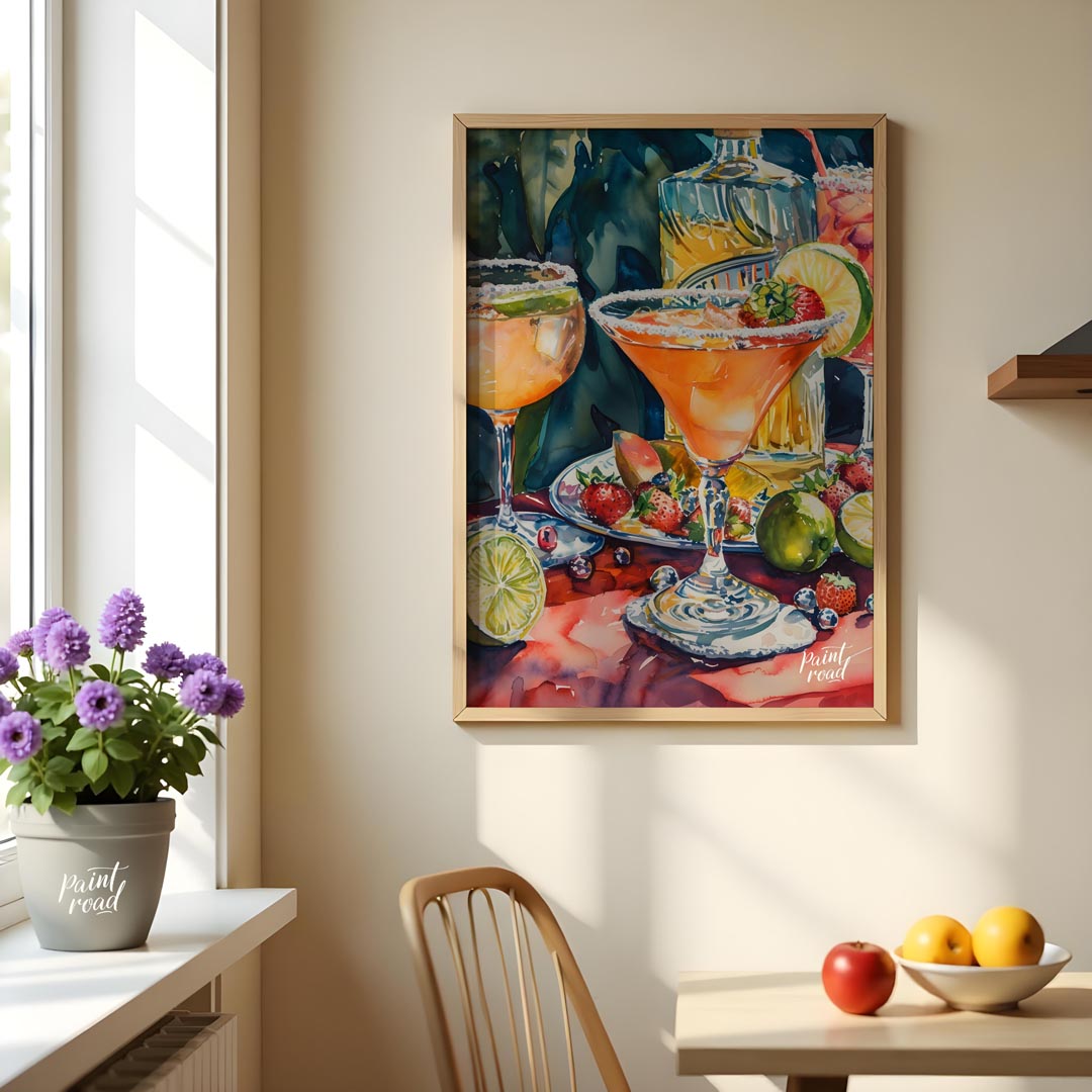 A vibrant and inviting watercolor painting capturing the essence of a summer cocktail party. The ar… for dining room
