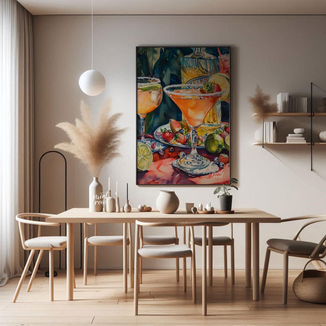 A vibrant and inviting watercolor painting capturing the essence of a summer cocktail party. The ar… for dining room