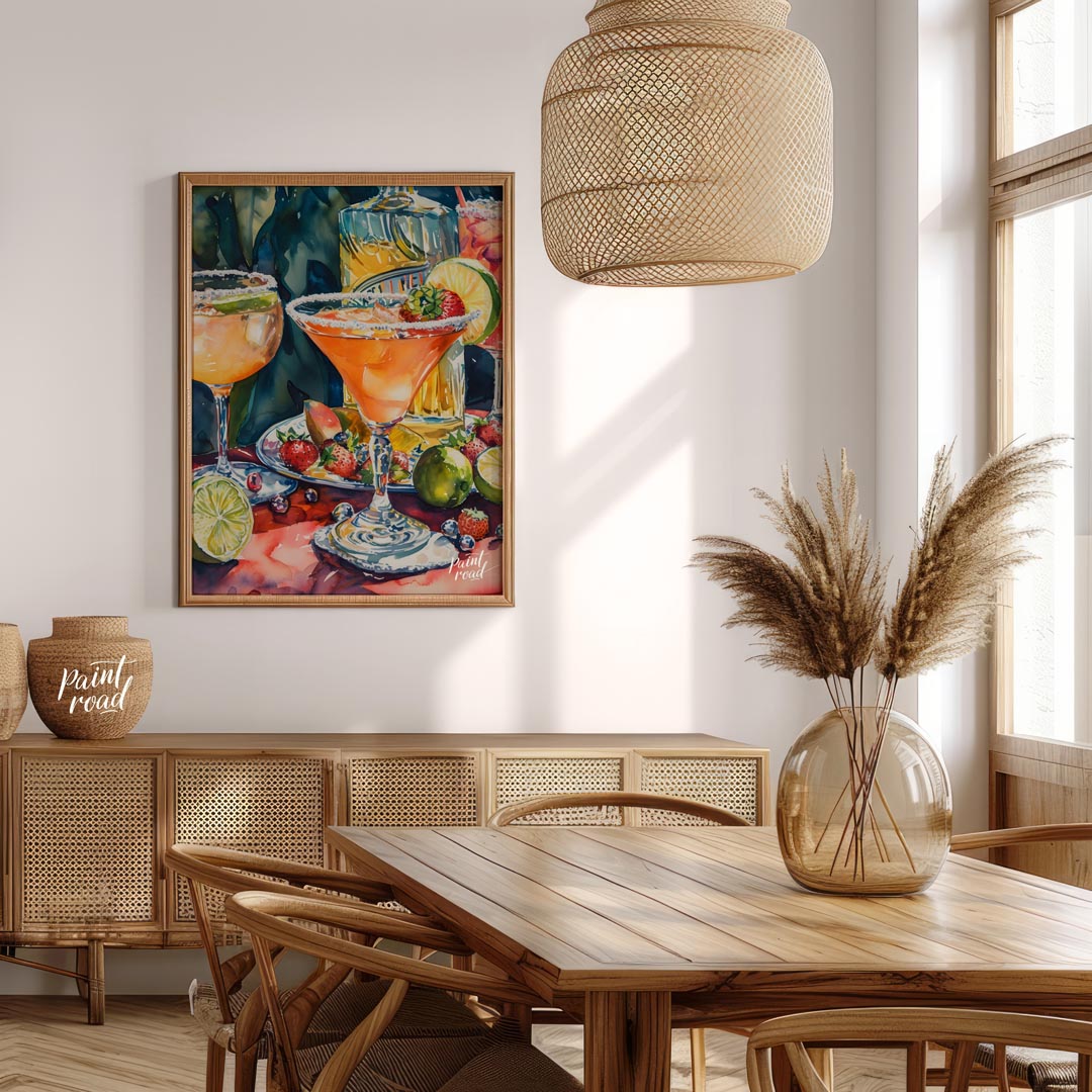 A vibrant and inviting watercolor painting capturing the essence of a summer cocktail party. The ar… for dining room