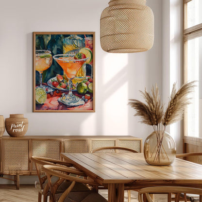 A vibrant and inviting watercolor painting capturing the essence of a summer cocktail party. The ar… for dining room