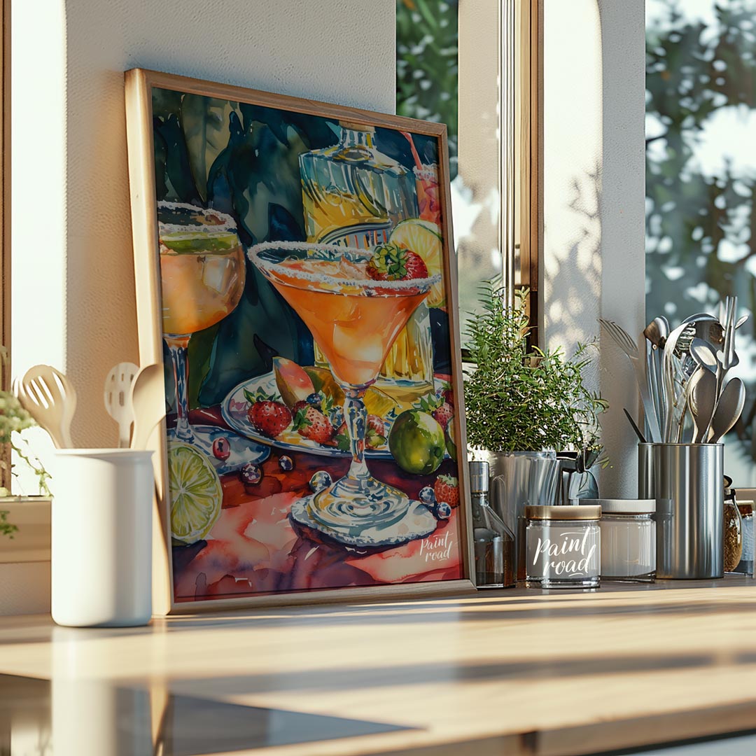 A vibrant and inviting watercolor painting capturing the essence of a summer cocktail party. The ar… for kitchen