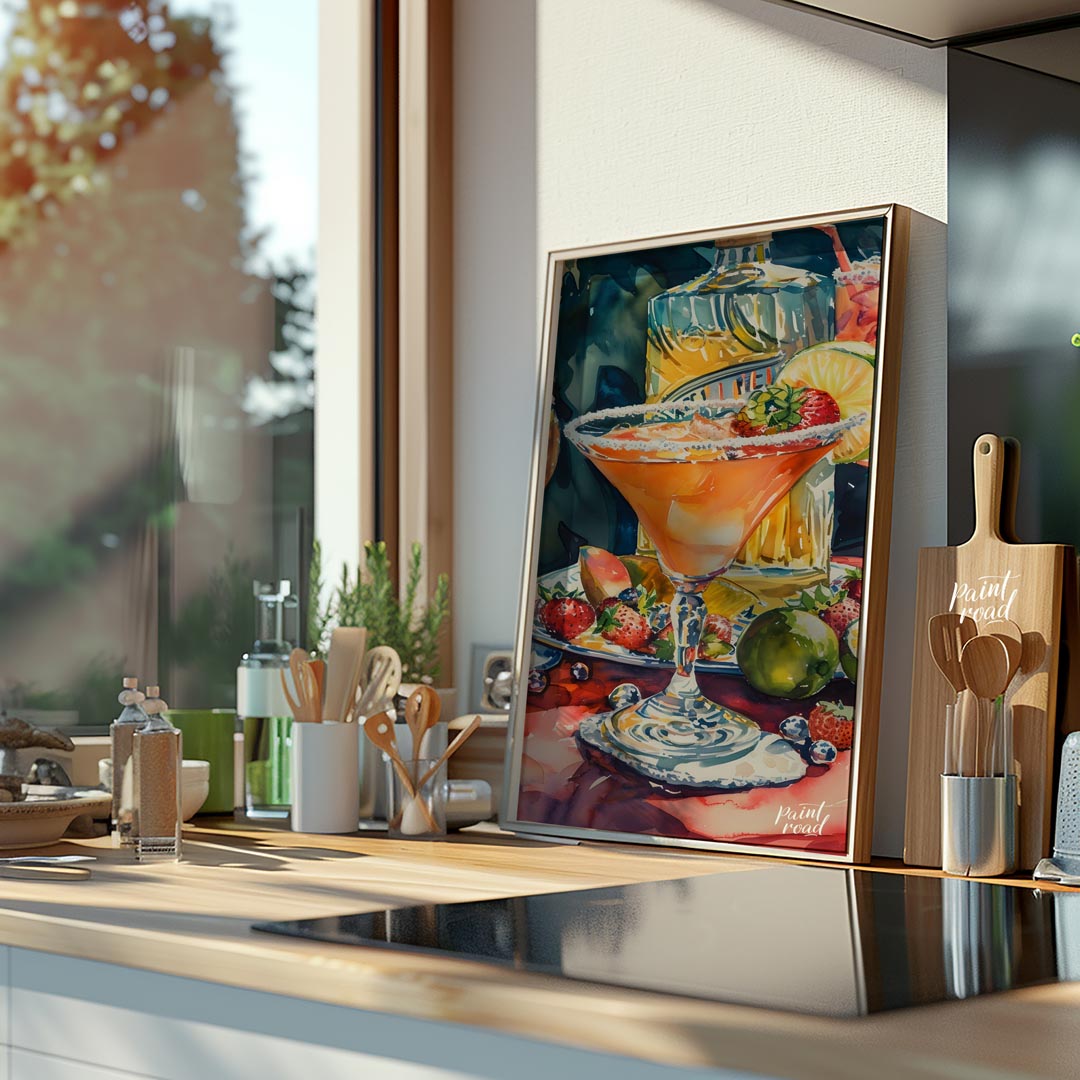 A vibrant and inviting watercolor painting capturing the essence of a summer cocktail party. The ar… for kitchen