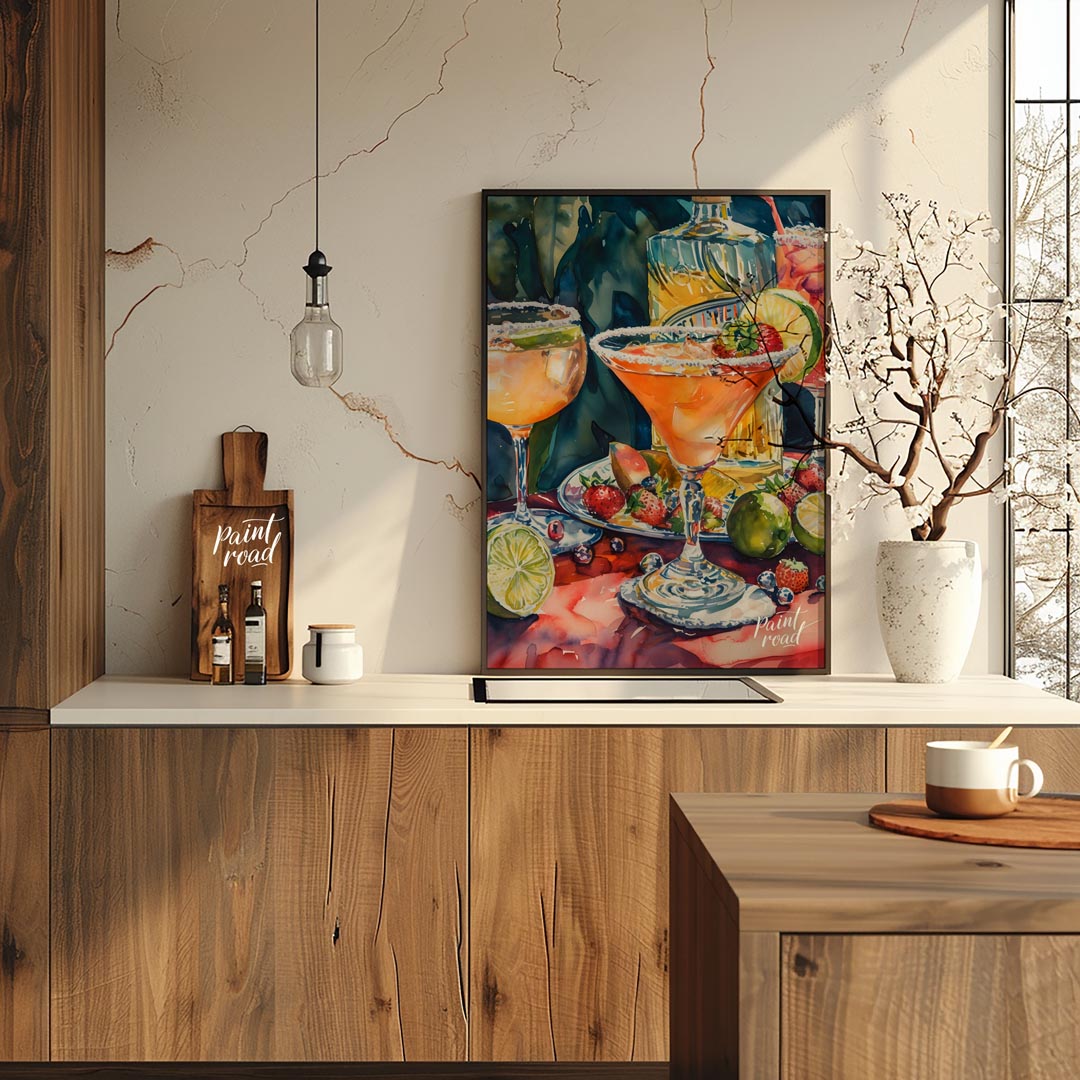 A vibrant and inviting watercolor painting capturing the essence of a summer cocktail party. The ar… for kitchen