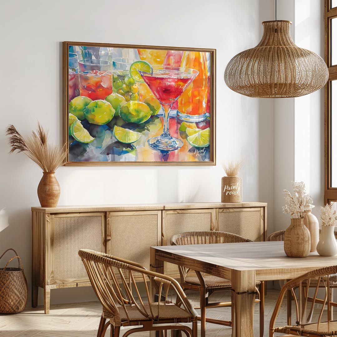 A vibrant and refreshing watercolor painting capturing the essence of a summer cocktail party. The … for dining room