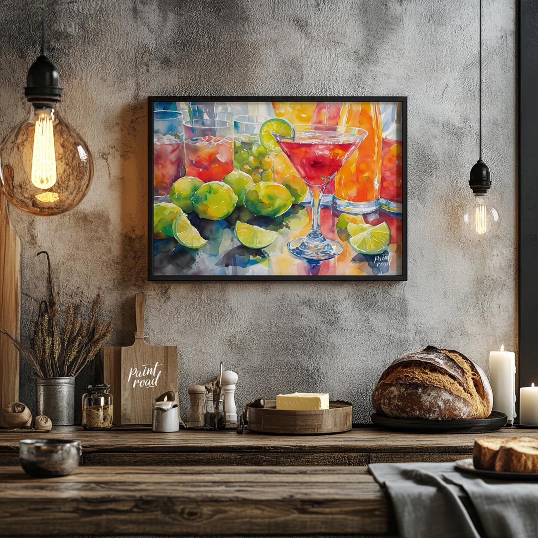 A vibrant and refreshing watercolor painting capturing the essence of a summer cocktail party. The … for kitchen