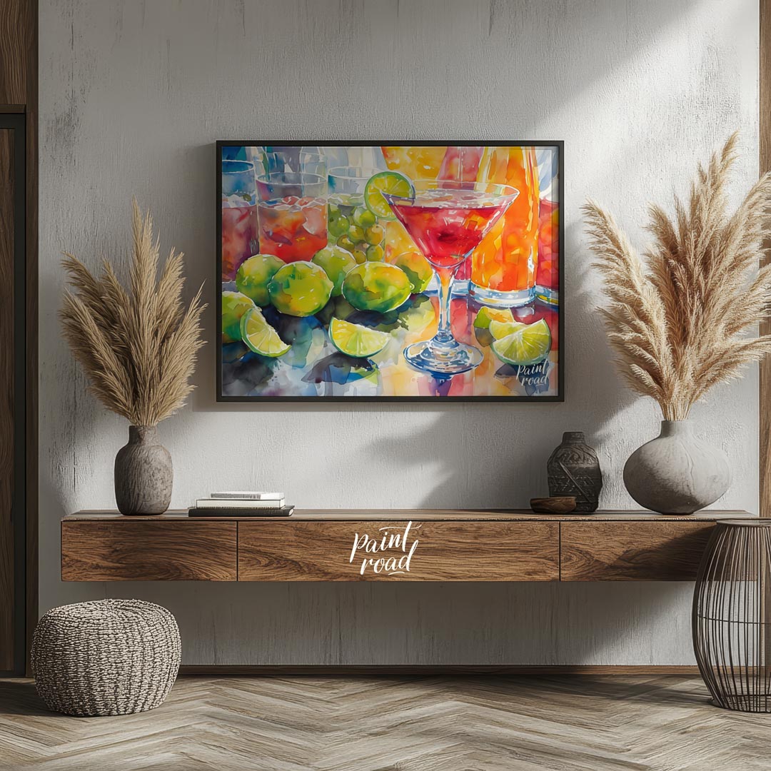 A vibrant and refreshing watercolor painting capturing the essence of a summer cocktail party. The … for living room