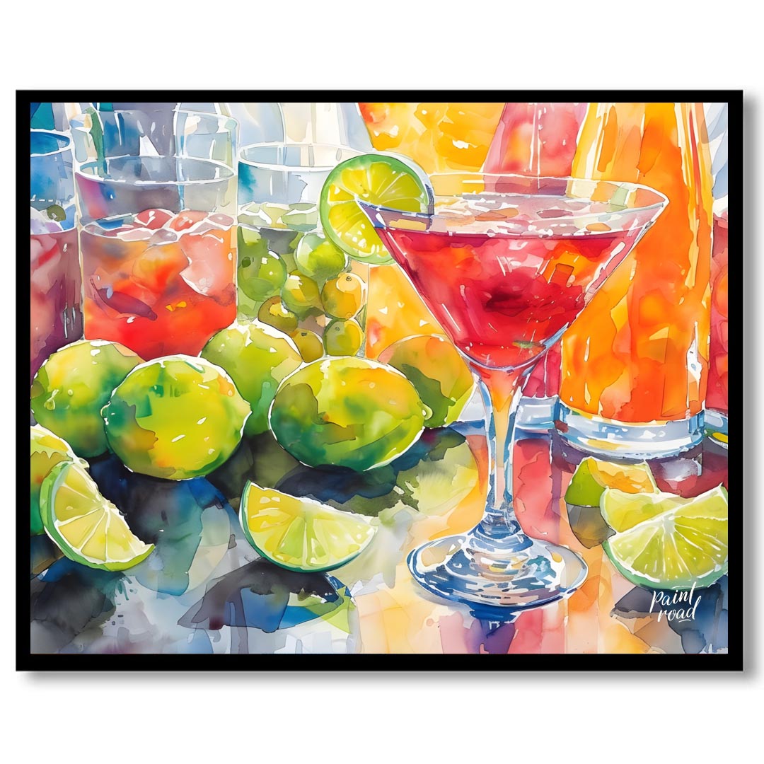 A vibrant and refreshing watercolor painting capturing the essence of a summer cocktail party. The … for space
