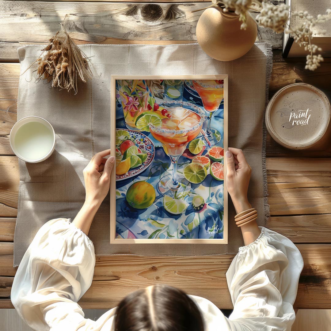 A vibrant watercolor painting capturing the essence of a summer cocktail party. The artwork feature… for dining room