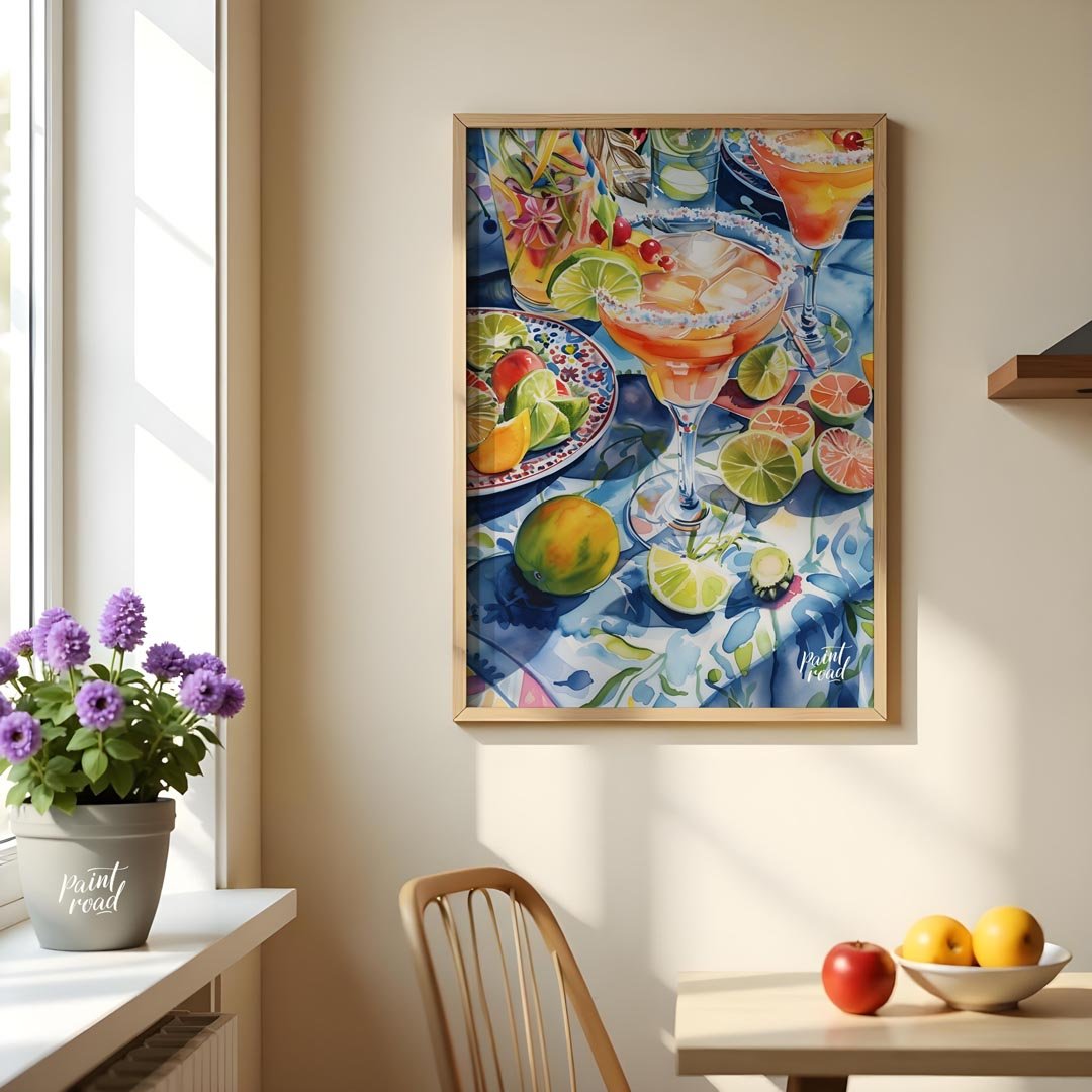 A vibrant watercolor painting capturing the essence of a summer cocktail party. The artwork feature… for dining room