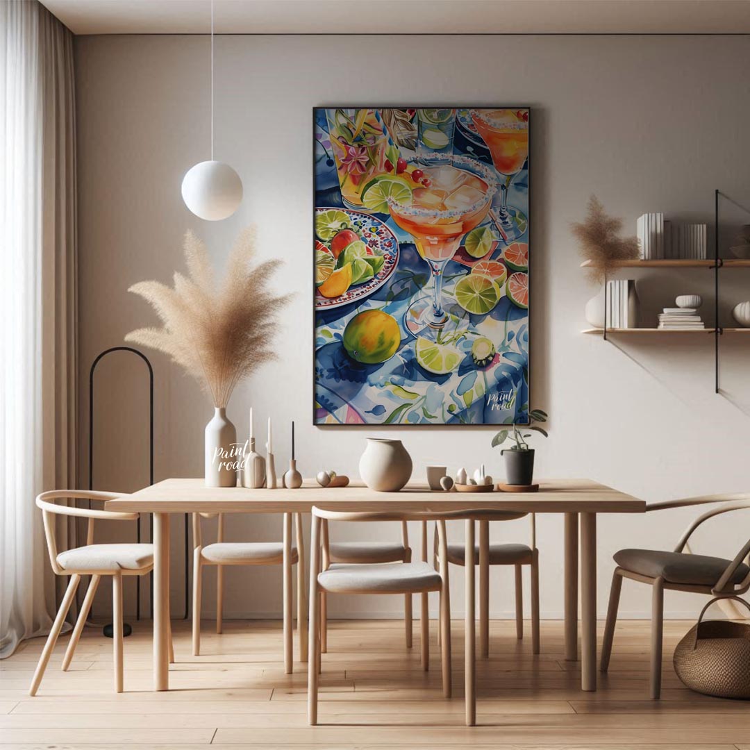 A vibrant watercolor painting capturing the essence of a summer cocktail party. The artwork feature… for dining room