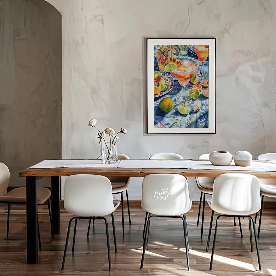 A vibrant watercolor painting capturing the essence of a summer cocktail party. The artwork feature… for dining room