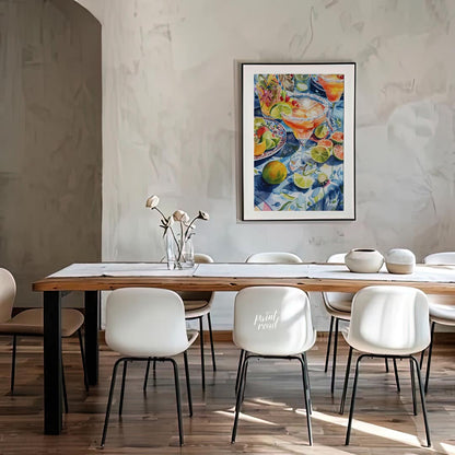 A vibrant watercolor painting capturing the essence of a summer cocktail party. The artwork feature… for dining room