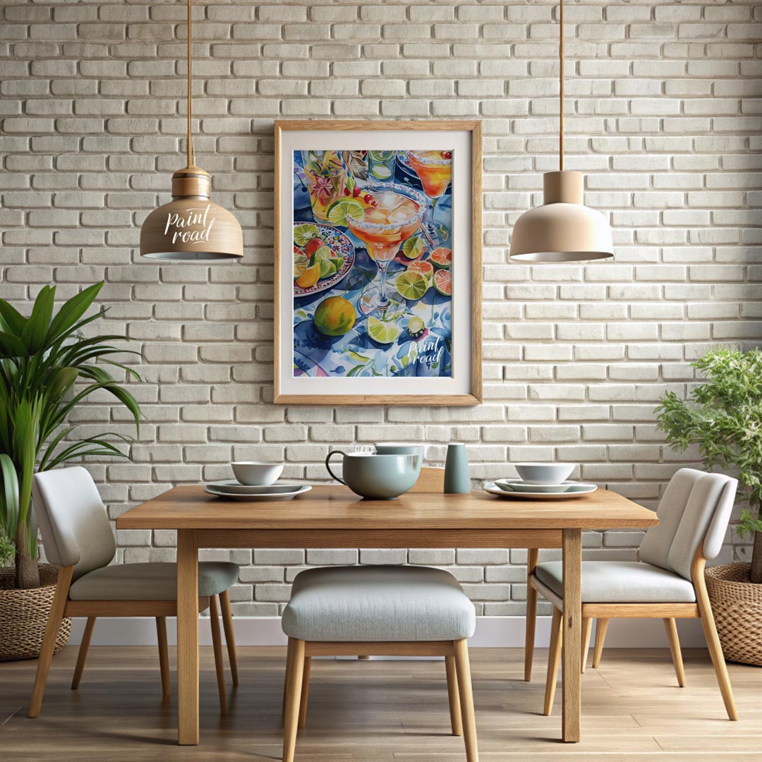 A vibrant watercolor painting capturing the essence of a summer cocktail party. The artwork feature… for dining room