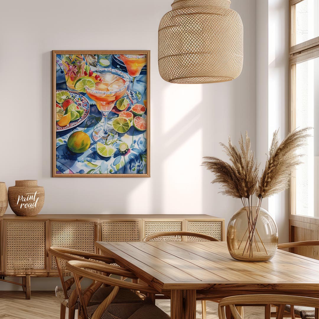 A vibrant watercolor painting capturing the essence of a summer cocktail party. The artwork feature… for dining room