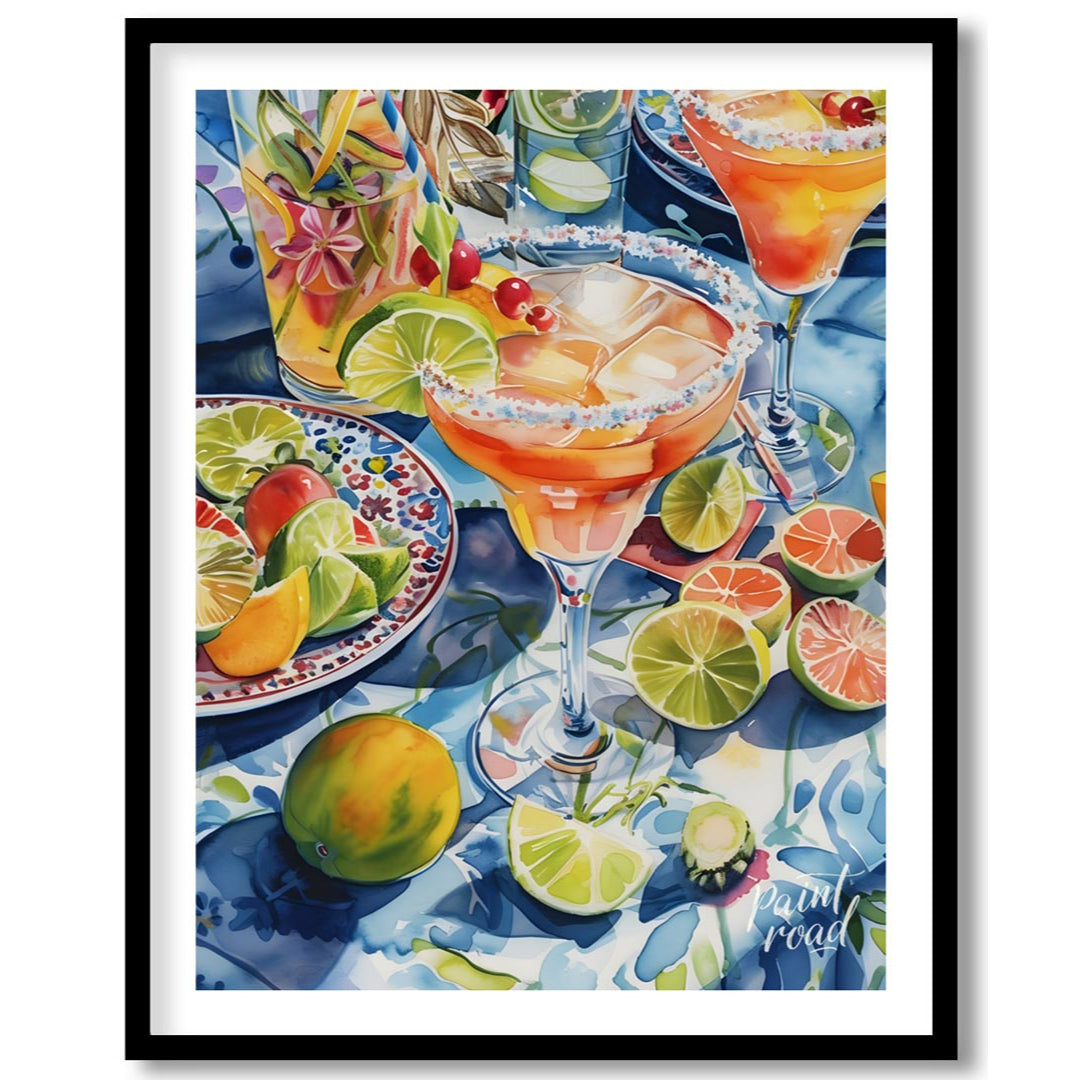A vibrant watercolor painting capturing the essence of a summer cocktail party. The artwork feature… for house