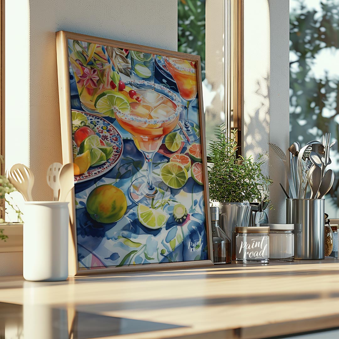 A vibrant watercolor painting capturing the essence of a summer cocktail party. The artwork feature… for kitchen