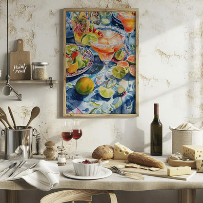 A vibrant watercolor painting capturing the essence of a summer cocktail party. The artwork feature… for kitchen