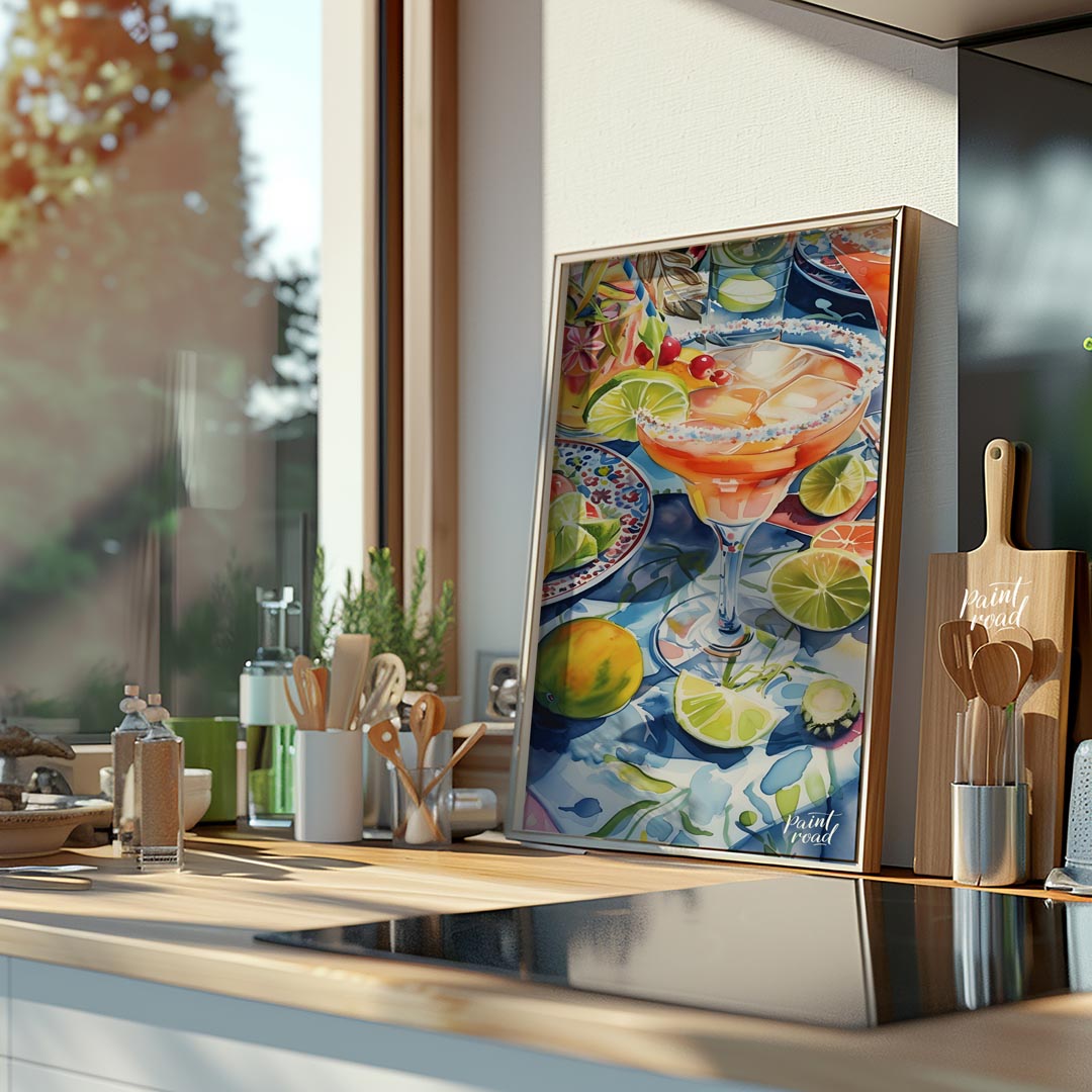 A vibrant watercolor painting capturing the essence of a summer cocktail party. The artwork feature… for kitchen