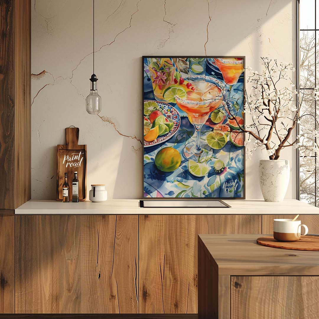 A vibrant watercolor painting capturing the essence of a summer cocktail party. The artwork feature… for kitchen