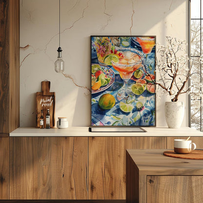 A vibrant watercolor painting capturing the essence of a summer cocktail party. The artwork feature… for kitchen