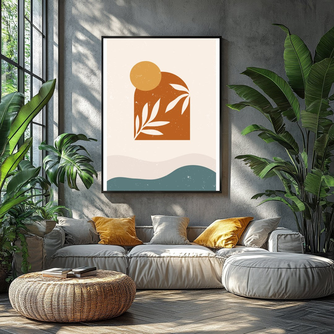 This striking artwork combines mid-century modern design elements with natural motifs. Featuring for Balcony