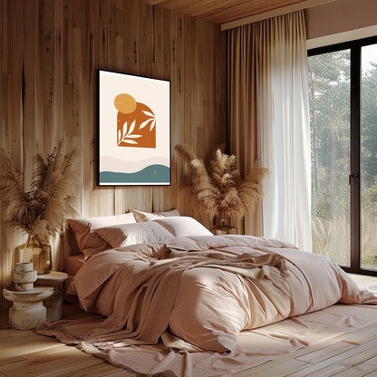 This striking artwork combines mid-century modern design elements with natural motifs. Featuring for Bedroom