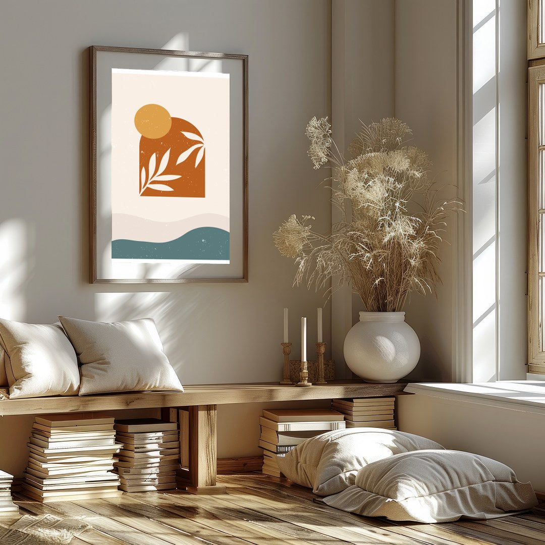 This striking artwork combines mid-century modern design elements with natural motifs. Featuring for decor