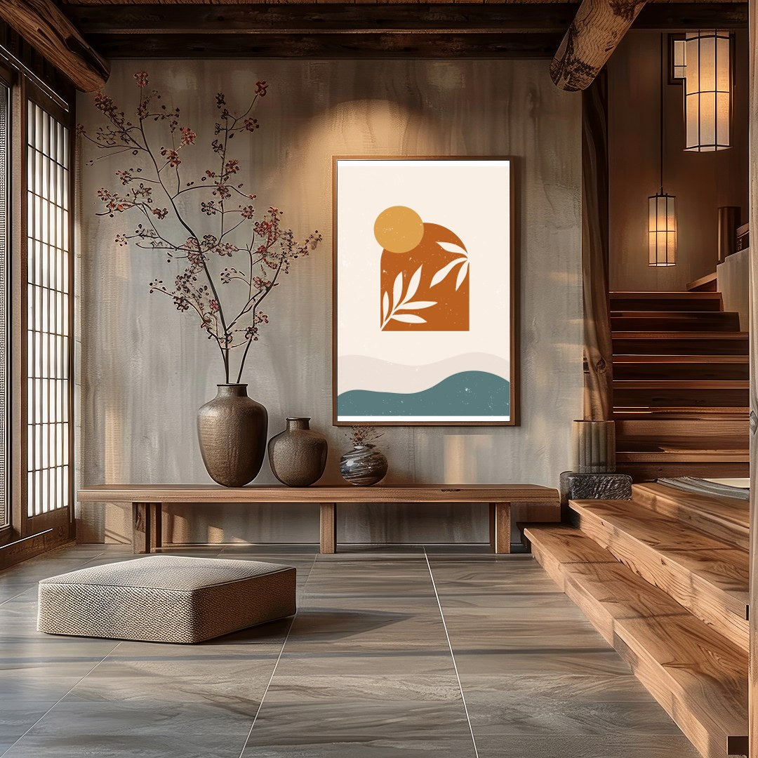 This striking artwork combines mid-century modern design elements with natural motifs. Featuring for Hall