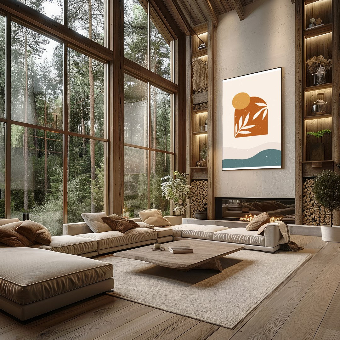 This striking artwork combines mid-century modern design elements with natural motifs. Featuring for Living Room