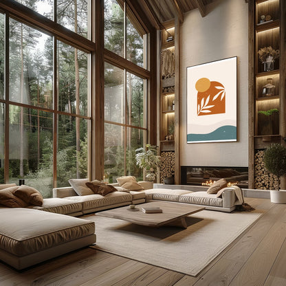 This striking artwork combines mid-century modern design elements with natural motifs. Featuring for Living Room