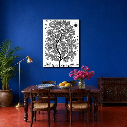 Immerse yourself in the enchanting world of Warli art with this captivating piece featuring a for Dining