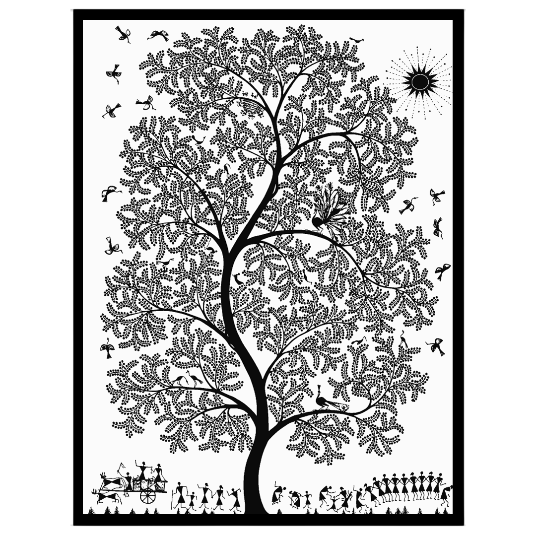 Immerse yourself in the enchanting world of Warli art with this captivating piece featuring a for dwelling