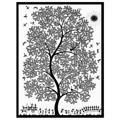 Immerse yourself in the enchanting world of Warli art with this captivating piece featuring a for dwelling