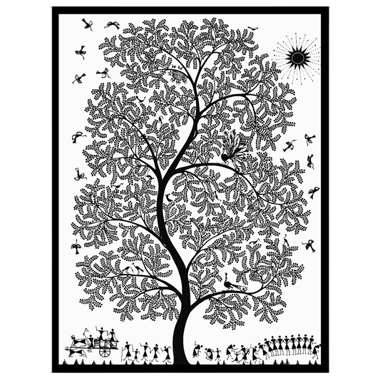 Immerse yourself in the enchanting world of Warli art with this captivating piece featuring a for dwelling