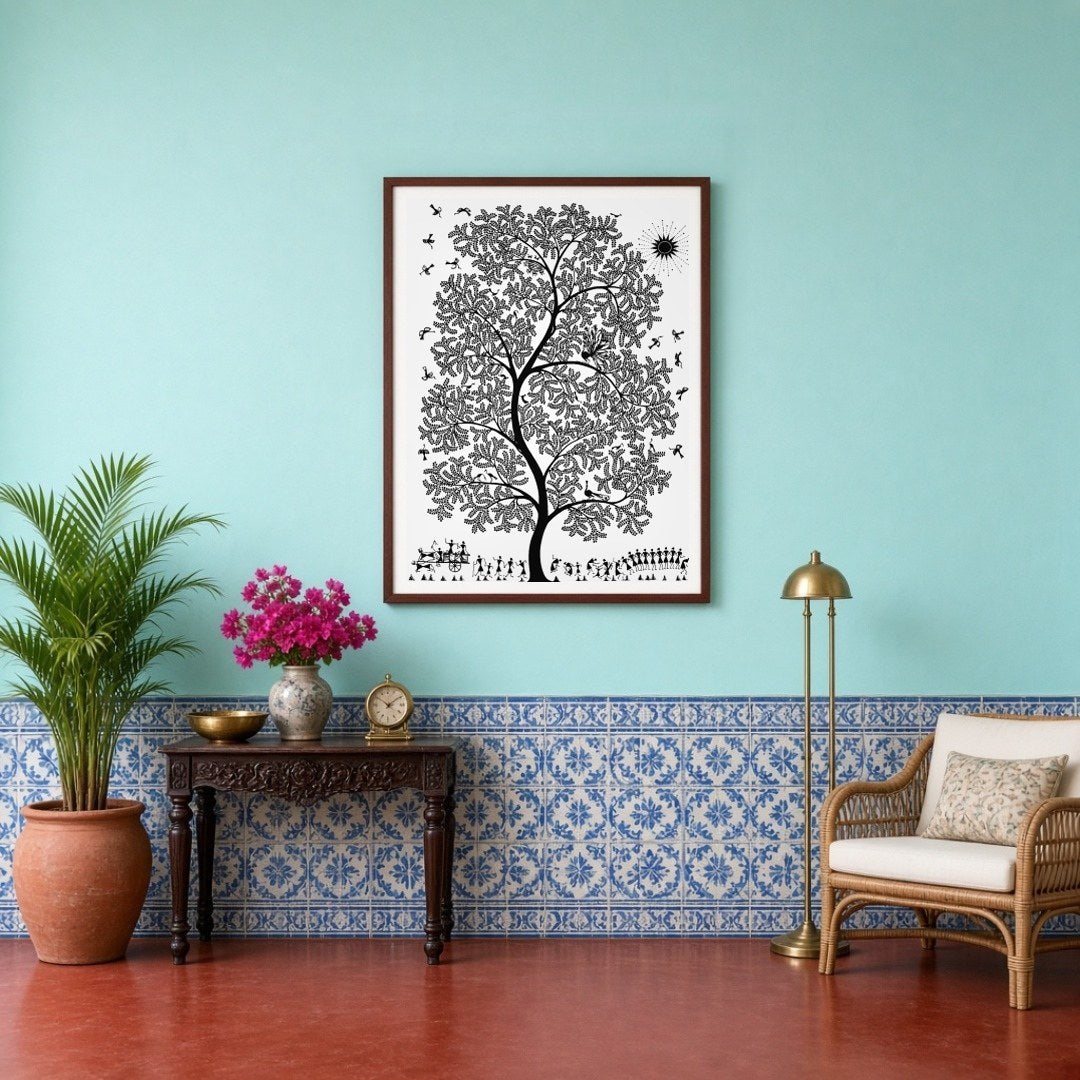 Immerse yourself in the enchanting world of Warli art with this captivating piece featuring a for Entrance