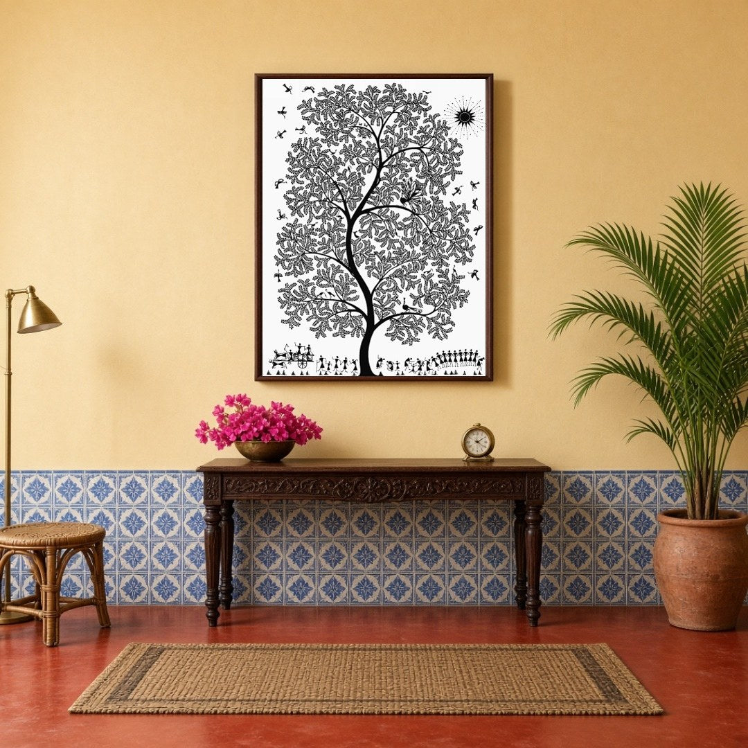 Immerse yourself in the enchanting world of Warli art with this captivating piece featuring a for Hallway