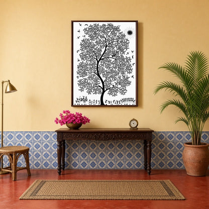 Immerse yourself in the enchanting world of Warli art with this captivating piece featuring a for Hallway