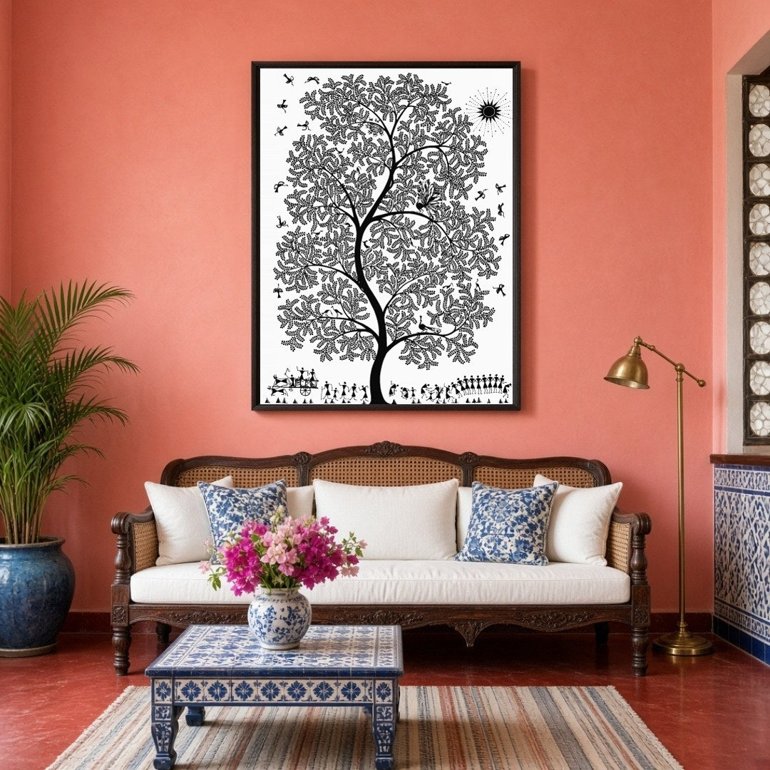 Immerse yourself in the enchanting world of Warli art with this captivating piece featuring a for Living Room