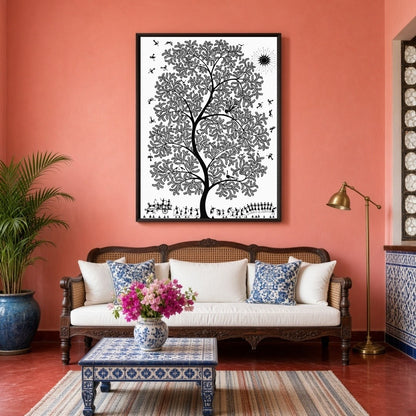 Immerse yourself in the enchanting world of Warli art with this captivating piece featuring a for Living Room